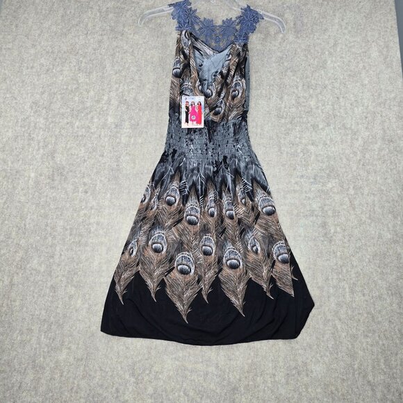 Peacock Pattern Sleeveless Maxi Dress With Lace Neckline Black/Brown Polyester - Picture 1 of 5